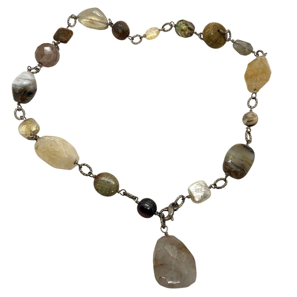 Vintage Quartz Agate Citrine Pearl 18'' Bead Necklace Sterling 925 Silver 48.8g